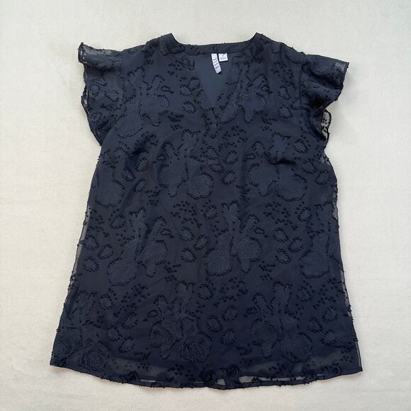 Elle Semi-Sheer Blouse WMN S Black Regular Fit Floral Print V-neck Short Sleeves - Picture 1 of 9